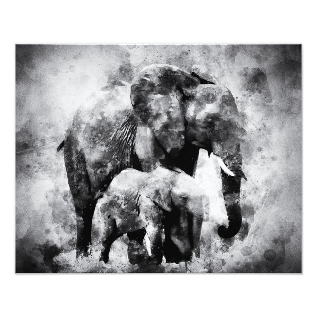 African Elephant with Calf Black and White Photo Print (Front)