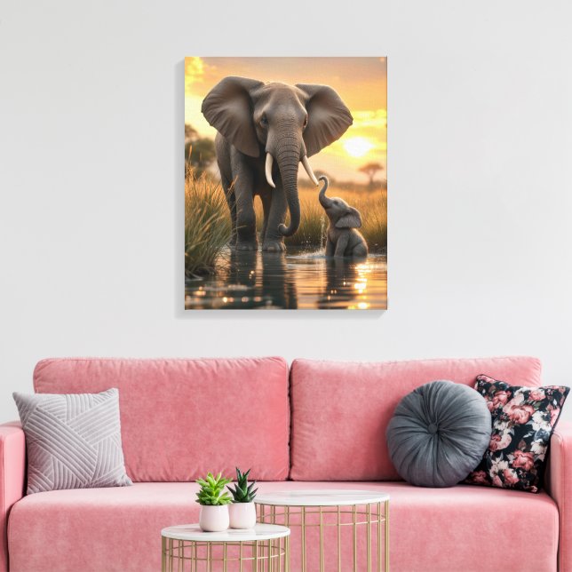  African Elephant With Her Baby Calf Canvas Print (Insitu(LivingRoom))