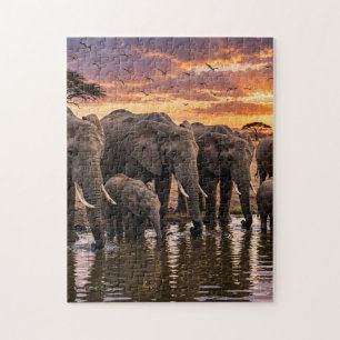 African Elephants at Sunset Waterhole Jigsaw Puzzle