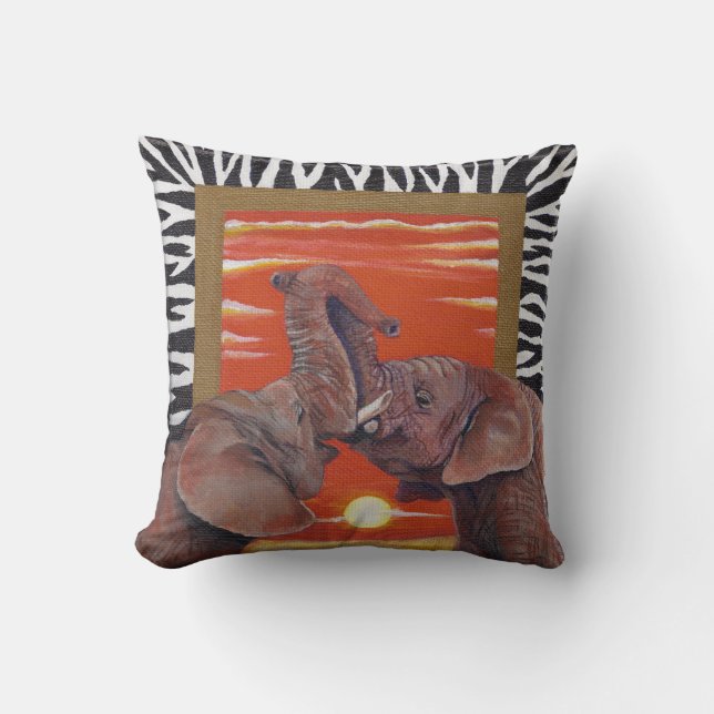 African Elephants in love sunset with Zebra Patten Cushion (Front)