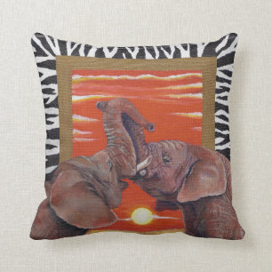 African Elephants in love sunset with Zebra Patten Cushion