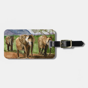 African Elephants Watercolor Painting Luggage Tag