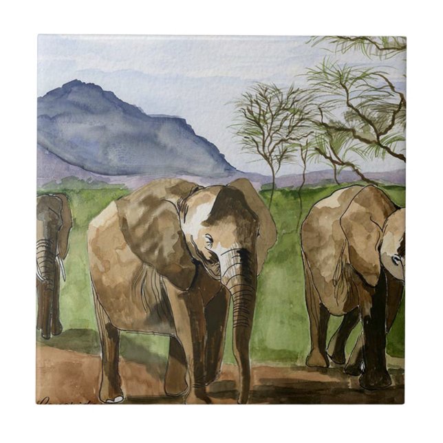African Elephants Watercolor Painting Tile (Front)