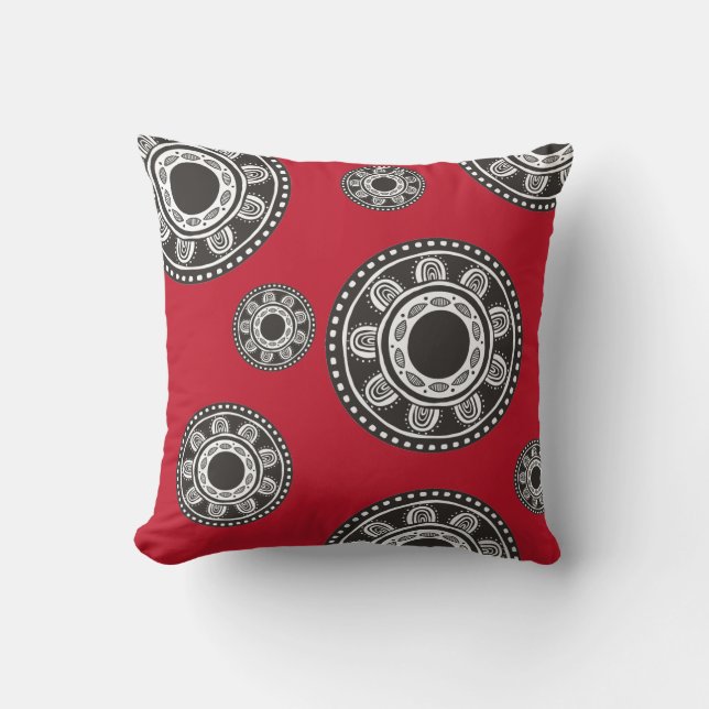 African Ethnic Geometric Black White On Red Cushion (Front)