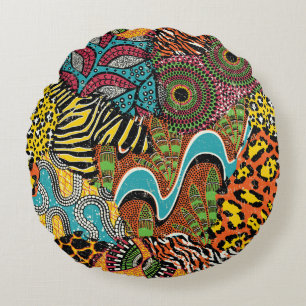 African Fabric: Wild Animal Patchwork. Round Cushion