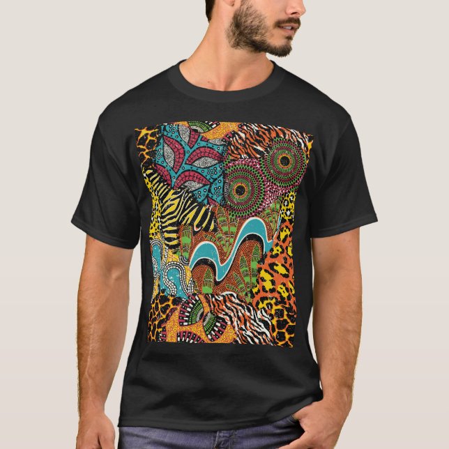 African Fabric: Wild Animal Patchwork. T-Shirt (Front)