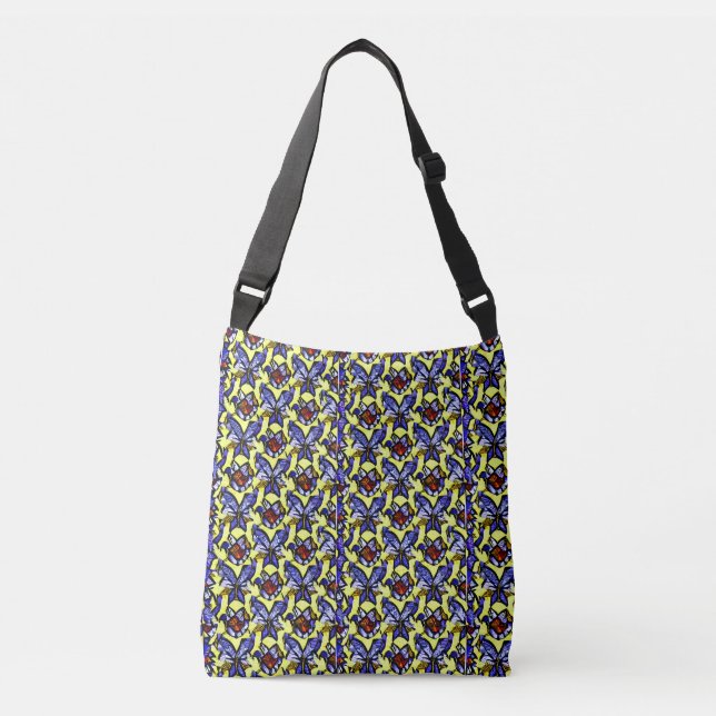 African Fabric Yellow Red Blue Whimsical Design Crossbody Bag (Front)