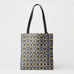 African Fabric Yellow Red Blue Whimsical Design  Tote Bag
