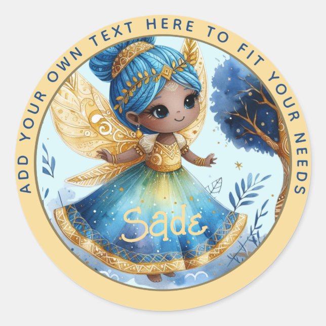 African Fairy Birthday Teal Gold Pink Princess Classic Round Sticker (Front)