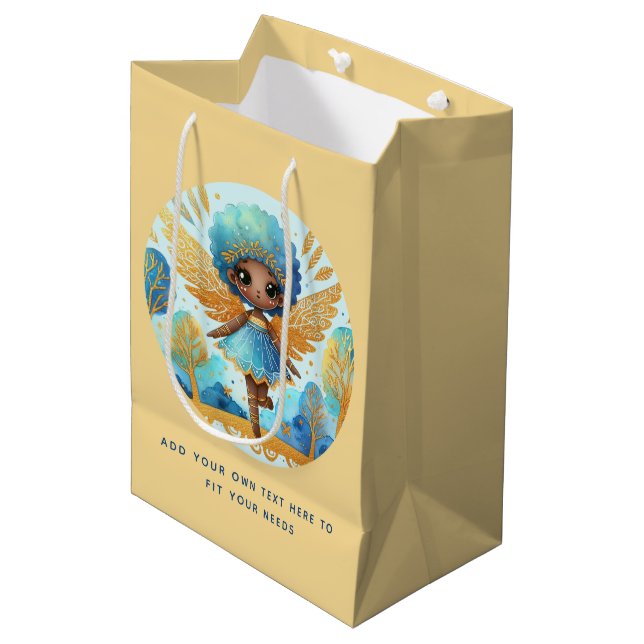 African Fairy Birthday Teal Gold Pink Princess Medium Gift Bag (Front Angled)