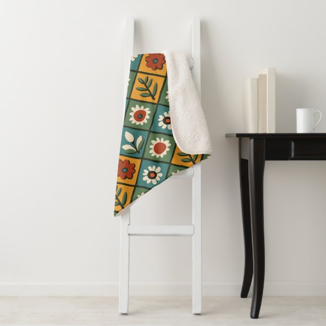 African Floral Tile Art Sherpa Blanket (In Situ)