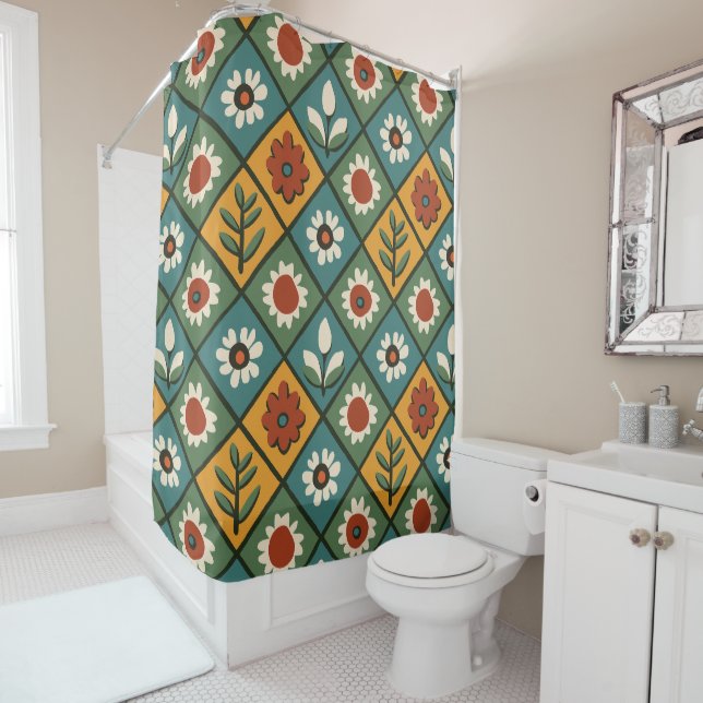 African Floral Tile Art Shower Curtain (In Situ)