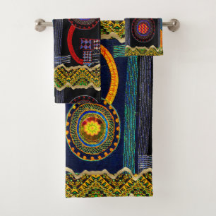 African Folk Art Flower Garden Design Bath Towel Set