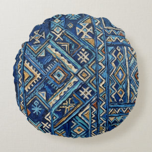 African Geometric Impasto Painting Print Kuba Am Round Cushion