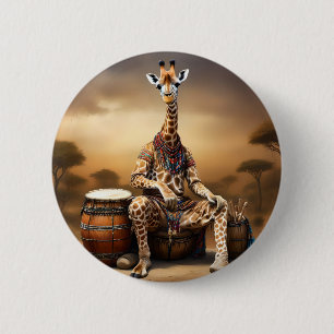 African Giraffe Bongo Drum Player, 6 Cm Round Badge