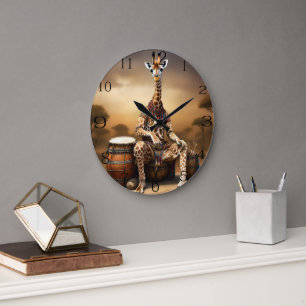 African Giraffe Bongo Drum Player,  Large Clock