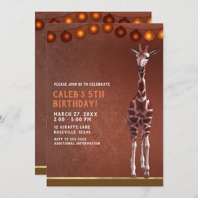 African Giraffe Brown Orange Birthday Party Invitation (Front/Back)