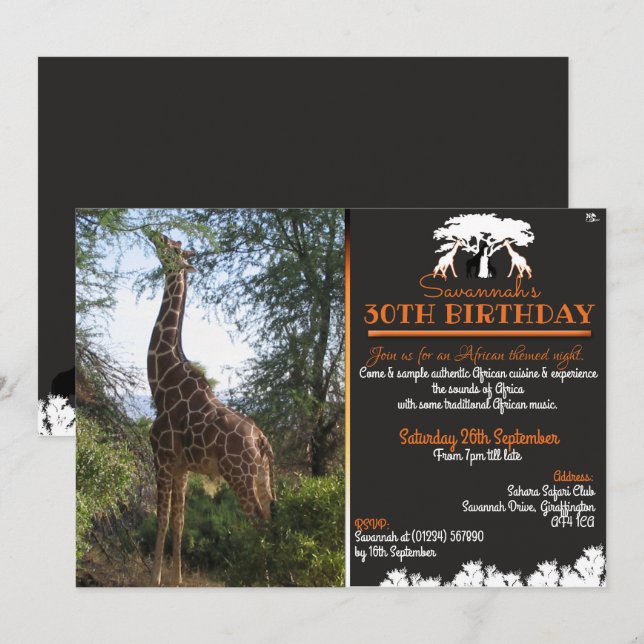 African Giraffe Party Invitations (Front/Back)