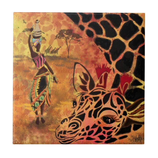 African Girl and Giraffe Ceramic Tile (Front)