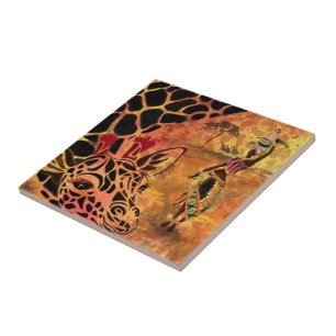 African Girl and Giraffe Ceramic Tile