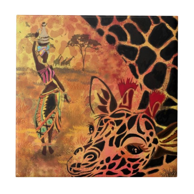 African Girl and Giraffe Ceramic Tile Friends (Front)