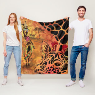 African Girl and Giraffe Fleece Blanket Friends