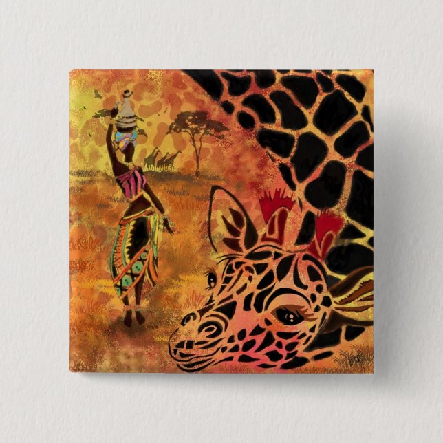 African Girl and Giraffe - Friends - Art Drawing - 15 Cm Square Badge (Front)