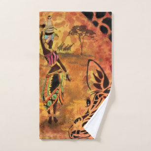 African Girl and Giraffe - Friends - Art Drawing - Bath Towel Set