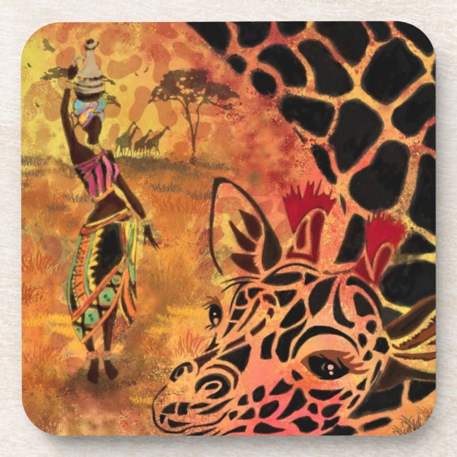 African Girl and Giraffe - Friends - Art Drawing - Coaster (Front)