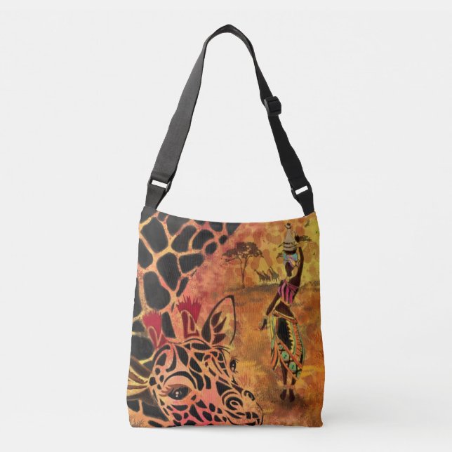 African Girl and Giraffe - Friends - Art Drawing  Crossbody Bag (Front)