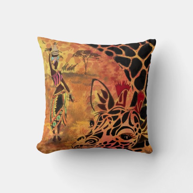 African Girl and Giraffe - Friends - Art Drawing - Cushion (Front)