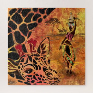 African Girl and Giraffe - Friends - Art Drawing - Jigsaw Puzzle