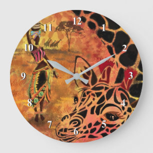 African Girl and Giraffe - Friends - Art Drawing Large Clock