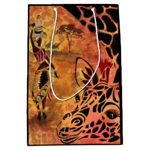 African Girl and Giraffe - Friends - Art Drawing - Medium Gift Bag