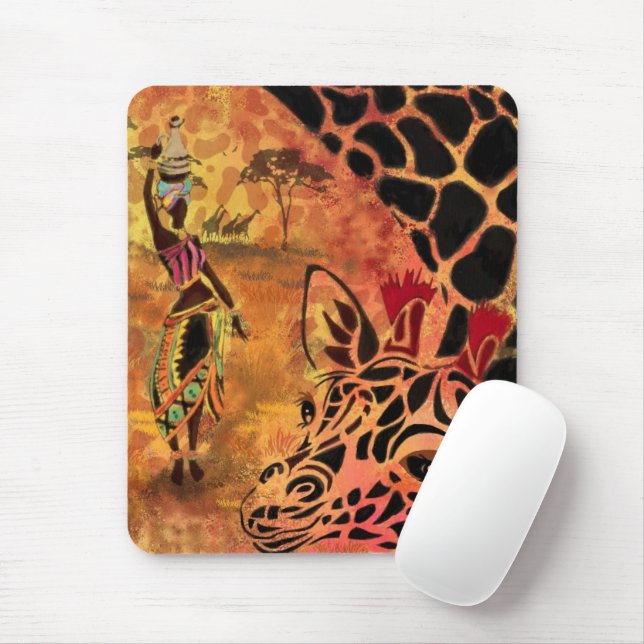 African Girl and Giraffe - Friends - Art Drawing - Mouse Mat (With Mouse)