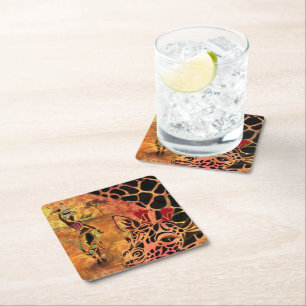 African Girl and Giraffe - Friends - Art Drawing - Square Paper Coaster