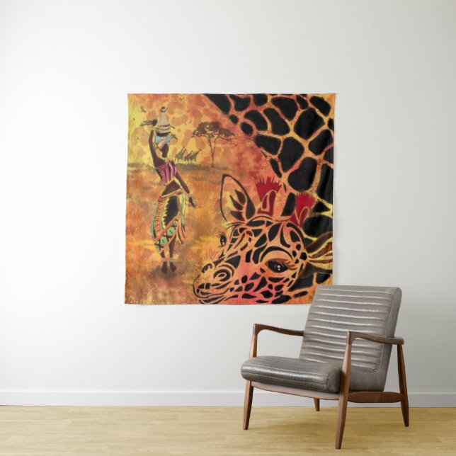 African Girl and Giraffe - Friends - Art Drawing - Tapestry (In Situ)