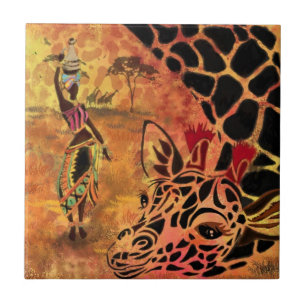 African Girl and Giraffe - Friends - Art Drawing Tile
