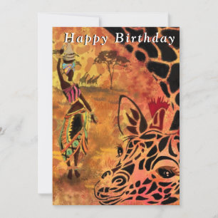 African Girl and Giraffe Friends - Happy Birthday
