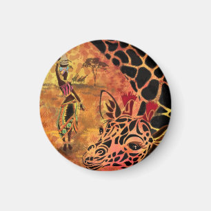 African Girl and Giraffe Friends Magnet Painting