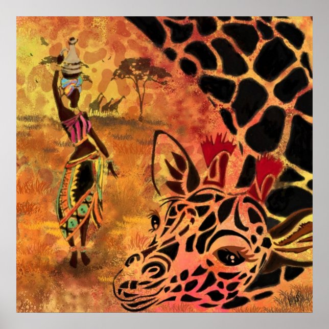 African Girl and Giraffe Friends Poster Painting (Front)