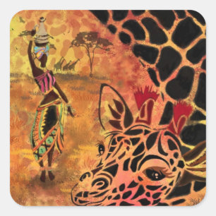African Girl and Giraffe Friends Sticker