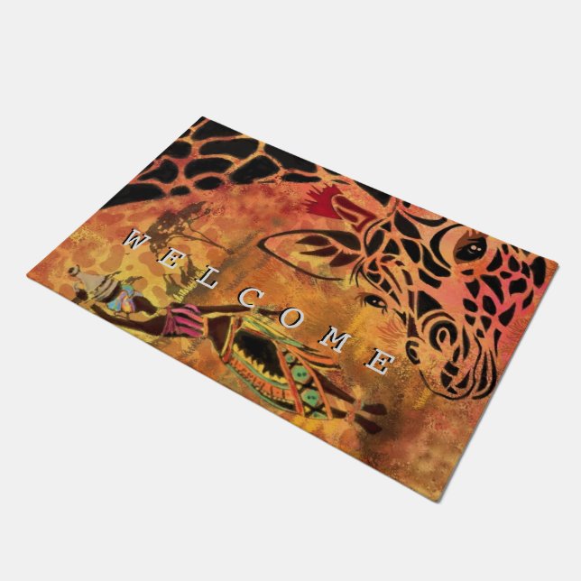 African Girl and Giraffe - Friends - Welcome Doormat (Angled)