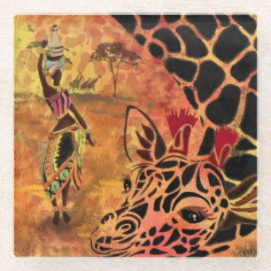African Girl and Giraffe Glass Coaster