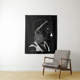 African Girl Black and White Line Art Tapestry