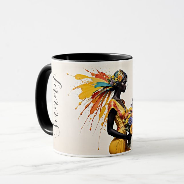 African girl ethnic fashion chrysanthemum floral mug (Front Left)