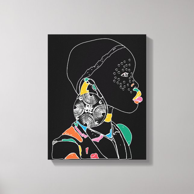 African Girl Line Art Colourful Canvas Print (Front)
