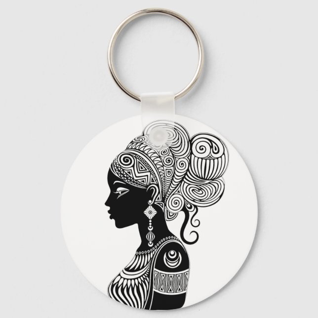 African Girl Portrait Tribal Tattoo Key Ring (Front)