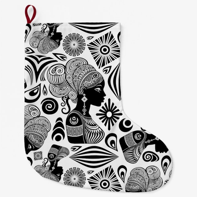 African Girl Portrait Tribal Tattoo Large Christmas Stocking (Front)
