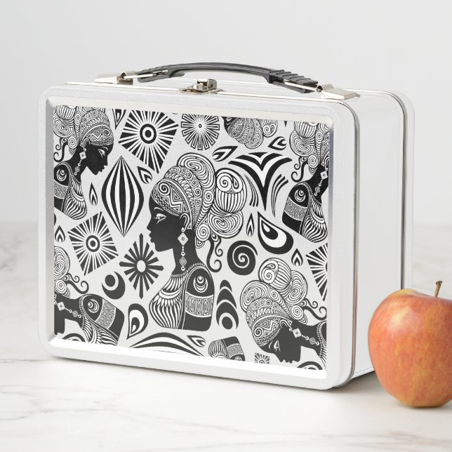 African Girl Portrait Tribal Tattoo Metal Lunch Box (In Situ)
